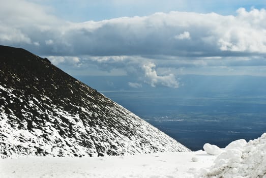 Etna Volcano covered by snow. sicily