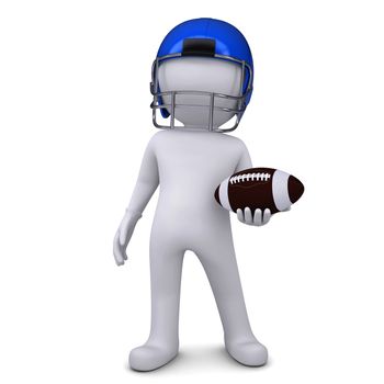 3d white man in helmet holding football ball. Isolated render on a white background