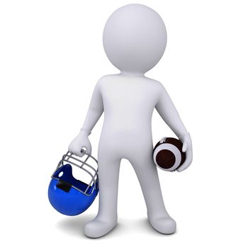 3d white man holding football ball and helmet. Isolated render on a white background