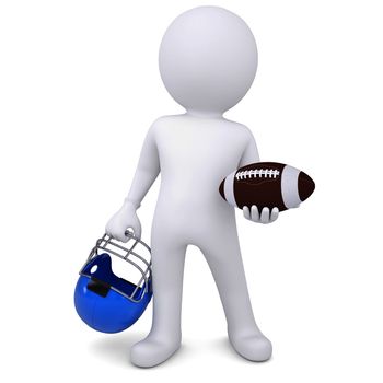 3d white man holding football ball and helmet. Isolated render on a white background