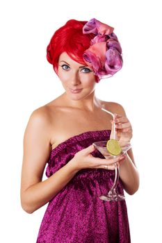Glamorous woman with cocktail isolated on white