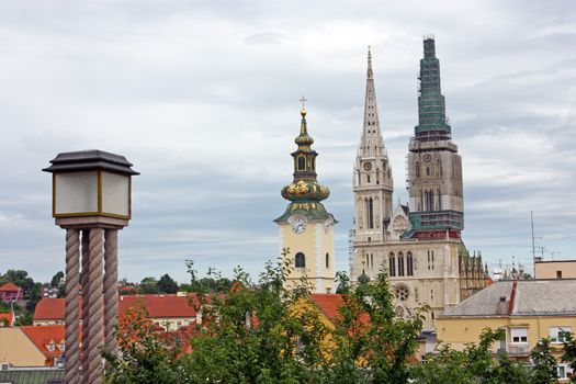 View over the Roofs to the Towers of Zagreb Cathedral and the Tower of of the Church of St. Mary, Zagreb, Croatia