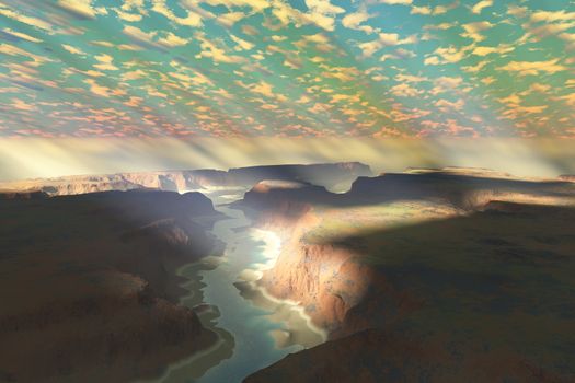 Sunrays shine down on mist hovering over a canyon river in a desert wilderness.