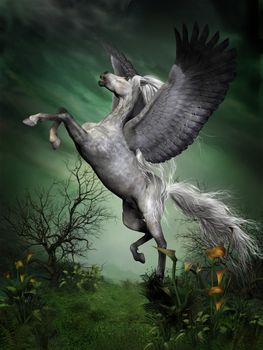 A dapple grey pegasus takes to flight from a forest knoll with huge wing beats.