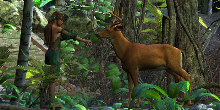 A fairy holds out her hand in friendship as a Whitetail Buck comes over to her.