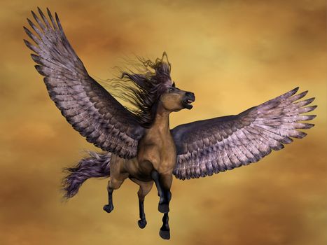 Pegasus rises in the sky with on huge wings. This Pegasus is the horse color called Gruella.