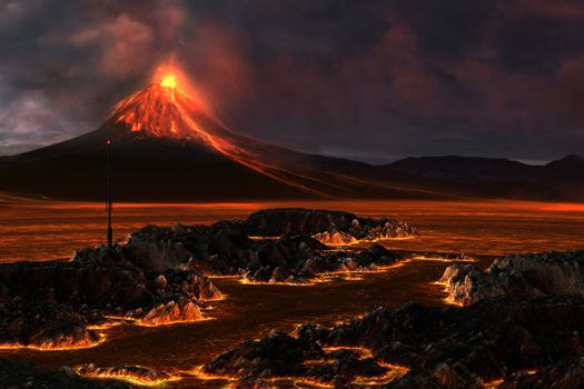 Red hot lava runs through the landscape as a volcanic mountain explodes with fire.