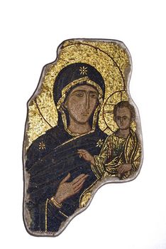 PALERMO - JANUARY 03: Fragment in the mosaic of the Madonna with child by a Byzantine master. early fourteenth century, sec.XIV, preserved in the Abatellis palace. January 03, 2013 in Palermo, Sicily