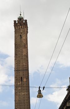 View from the street to the Asinelli Tower in Bologna, Italy.