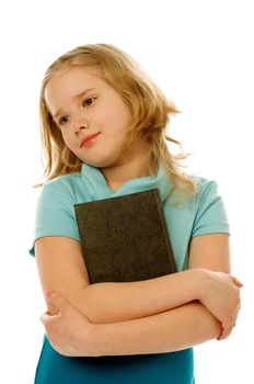 Blonde Girl Embracing Book on white background