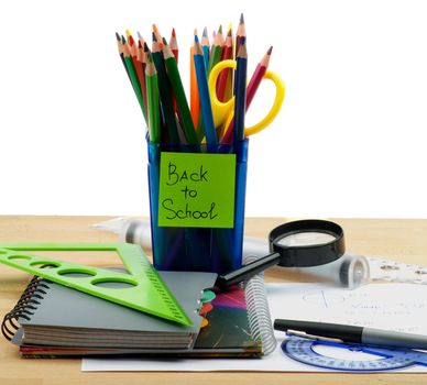 Back to School. Arrangement of School Supplies, Drawing Compass, Magnifier, Ruler Lines and Writing Equipment on School Desk 