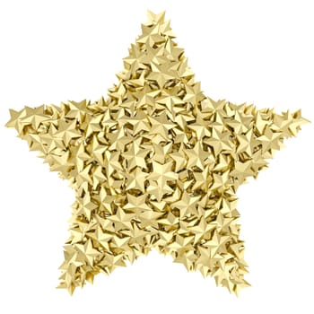 Star shape composed of small golden stars on white background. High resolution 3D image