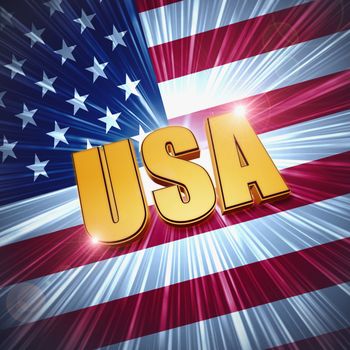 USA - 3d golden text with shining american flag, usa independence