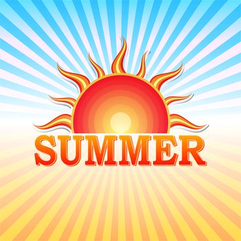 label with text summer and drawn sun in yellow red gradient and blue orange rays