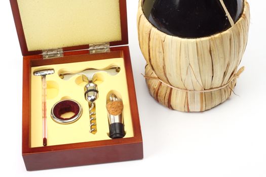 Close up of a box with wine accessories