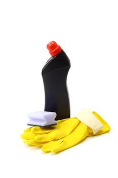 Plastic detergent bottle, gloves  and sponge on white 