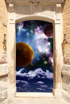 Frame with ancient door and space scene