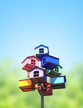 Colorful nesting boxes on blue sky