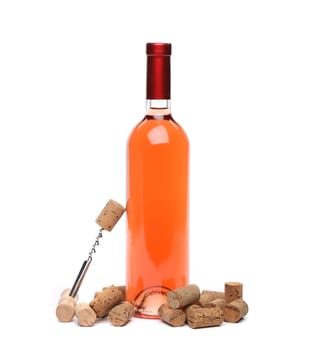 A bottle of wine, corks and corkscrew isolated on the  white background.