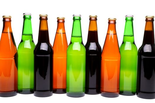A row of six beer bottles on a white background with a reflection.
