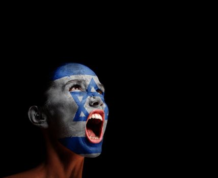 The Israeli flag on the face of a screaming woman. concept