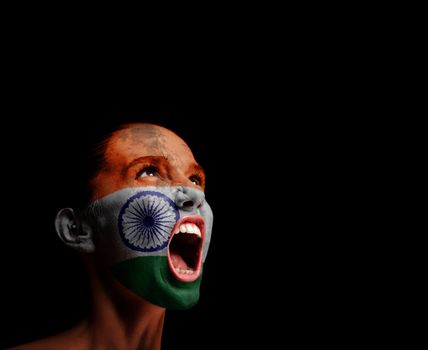 The Indian flag on the face of a screaming woman. concept