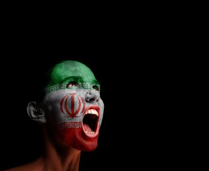 The Iranian flag on the face of a screaming woman. concept