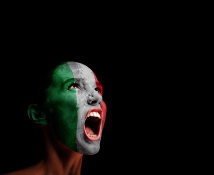 The Italian flag on the face of a screaming woman. concept