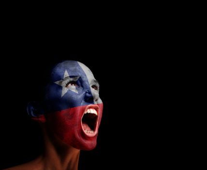 The Chile flag on the face of a screaming woman. concept