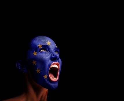 The European Union flag on the face of a screaming woman. concept