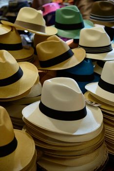 Set of different hats in a public market
