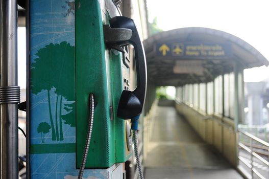 Old public telephone kiosk at Don Mueang Airport in Thailand 