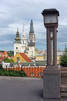 View over the Roofs to the Towers of Zagreb Cathedral and the Tower of of the Church of St. Mary, Zagreb, Croatia