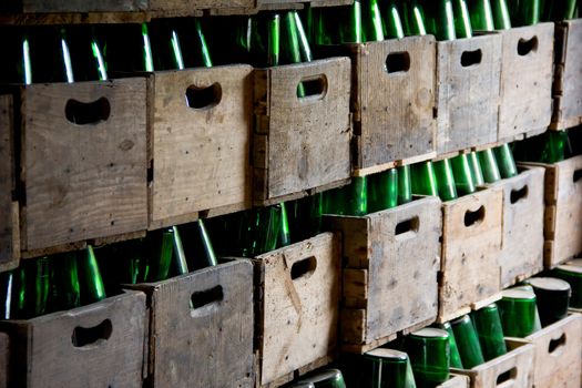 cider bottles in wooden boxes