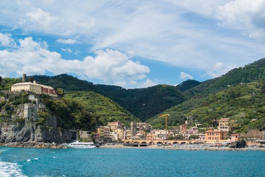 Monterosso al Mare fisherman village, harbor, rocks and sea bay landscape. Five lands, Cinque Terre, Liguria, Italy