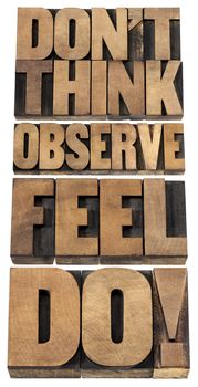 do not think, observe, feel and do - motivational advice - a collage of isolated text in letterpress wood type