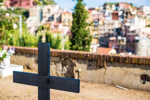 Wooden cross in cemetery of Manarola in Cinque Terre, Liguria, Italy