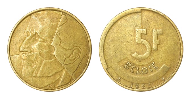rare retro coin of belgium isolated on white background
