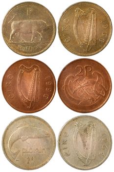 rare different coins of ireland isolated on white background