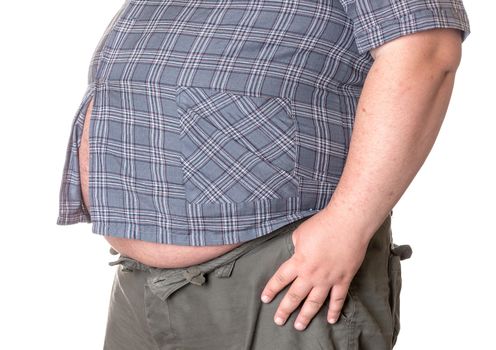 Fat man with a big belly, close-up part of the body