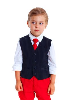 Portrait of upset schoolboy. Isolated on a white background