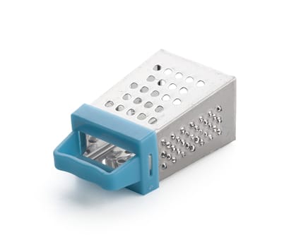 Metal mini grater with blue handle on the white