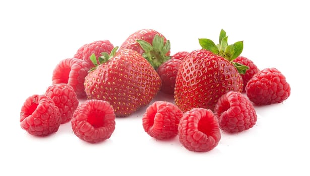 Some fresh red strawberries and raspberries on the white background