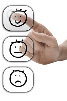 Male hand choosing smiley face on customer satisfaction form on virtual screen.