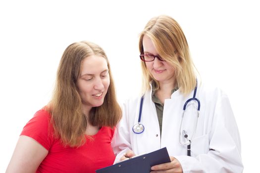 Female doctor explaining document to female patient