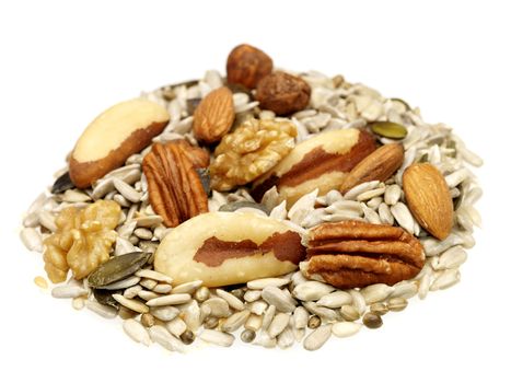 Handful of Dried Nuts and Seeds Isolated White Background