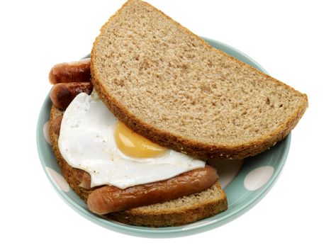 Sausage and Fried Egg Breakfast Sandwich Isolated White Background