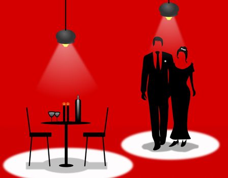 Romantic dinner date illustration with silhouettes of a formally dressed couple walking towards a candle light dinner table 
