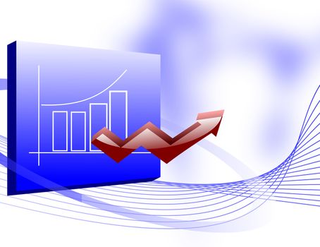 Business growth illustration with a bar chart displayed on a board and a 3d upward arrow coning out of it
