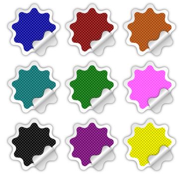 A collection of star shaped stickers with checkered patterns, blank space for text message and with curled edges
